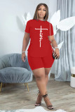 EVE Plus Size Letter Lace-Up T Shirt And Shorts 2 Piece Sets ADTK-6227