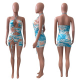 EVE Sexy Printed Halter Hollow Bandage Mini Dress+Briefs 2 Piece Sets NIK-289