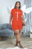 EVE Plus Size Letter Lace-Up T Shirt And Shorts 2 Piece Sets ADTK-6227