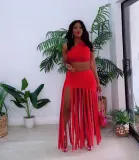 EVE Solid One Shoulder Tassel Skirt 2 Piece Sets OYF-8292