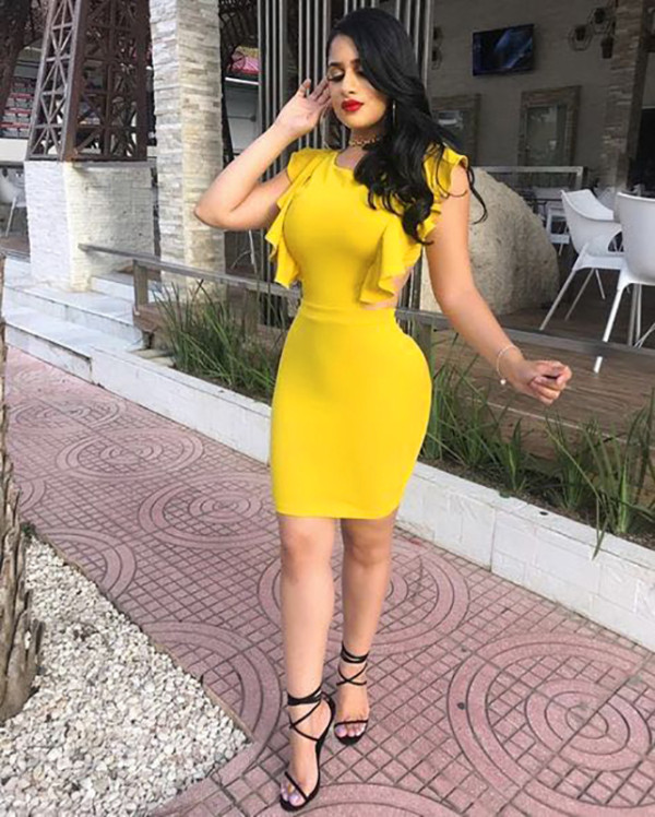 EVE Yellow Sexy Ruffled Backless Bodycon Dress WAF-77429