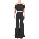 EVE Solid Short Sleeve Wide Leg Pants Two Piece Sets MDF-5294