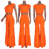 EVE Solid Short Sleeve Wide Leg Pants Two Piece Sets MDF-5294