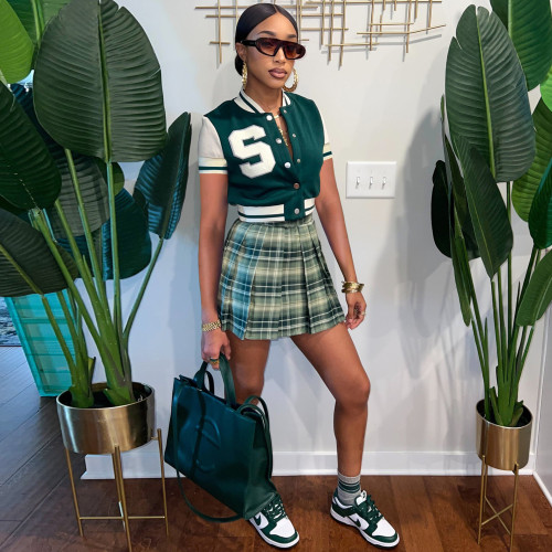 EVE Casual Baseball Jacket+Plaid Pleated Mini Skirt 2 Piece Sets CH-8209