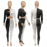 EVE Splice Long Sleeve Cropped Top And Pants Two Piece Sets WMEF-20776
