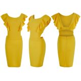 EVE Yellow Sexy Ruffled Backless Bodycon Dress WAF-77429
