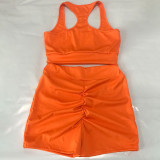 EVE Solid Sports Tank Top Ruched Shorts Two Piece Sets MEI-9236