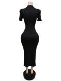 EVE Solid Short Sleeve Lace-Up Hollow Midi Dress MEM-88429