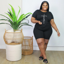 EVE Plus Size Letter Print T Shirt And Shorts 2 Piece Sets FNN-006