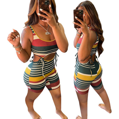 EVE Colorful Striped Sleeveless Hollow Romper GLF-10089