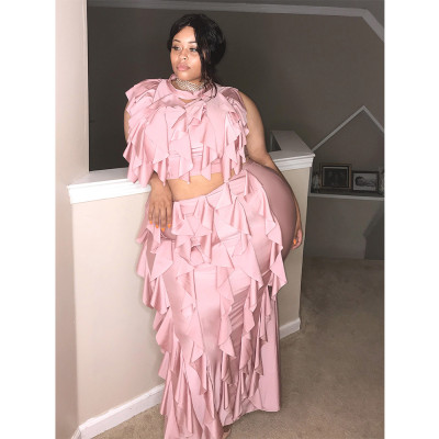EVE Plus Size Pink Sleeveless Ruffled Long Skirt 2 Piece Sets GCNF-N355