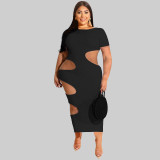 EVE Plus Size Solid Short Sleeve Hollow Out Long Dress OSIF-22199