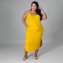 EVE Plus Size Solid Sleevless Pockets Split Midi Dress HNIF-013