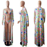EVE Floral Print Bikinis With Long Cloak 3 Piece Sets LSL-6080