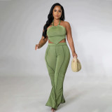 EVE Plus Size Solid Halter Two Piece Pants Sets WPF-80558