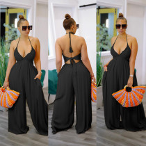 EVE Plus Size Casual Loose Solid Color Halter Jumpsuits YH-5252