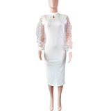 EVE Solid Fashion Bead Long Sleeve Slim Midi Dress LS-0369