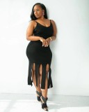 EVE Plus Size Solid Color Sling Fringe Dress QSF-51061