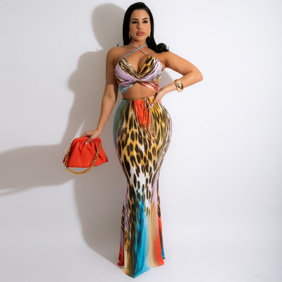 EVE Sexy Print Halter Top And Hip Package Long Skirt Two Piece Sets CYA-9699