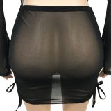 EVE Sexy Mesh See Through Backless Top Mini Skirts 2 Piece Sets BY-5665