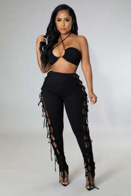EVE Solid Sexy Lace-Up Tube Top+Pants 2 Piece Sets ME-8052