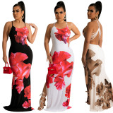 EVE Flower Print Backless Cross Strap Split Maxi Dress OSIF-22196