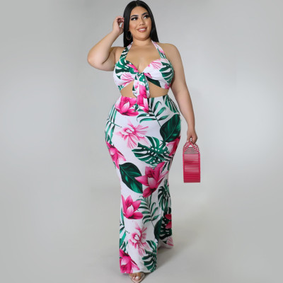 EVE Plus Size Casual Floral Print Halter Top And Skirt Two Piece Sets ONY-7002