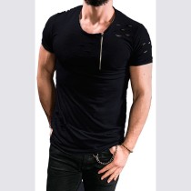 EVE Men Short Sleeve Hole Zipper Decoration Casual T-Shirt FLZH-ZT06