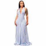 EVE Sexy Striped Halter Backless Maxi Dress FNN-8665