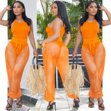 EVE Solid Sleeveless Bodysuit+Mesh Pants 2 Piece Sets BY-5715
