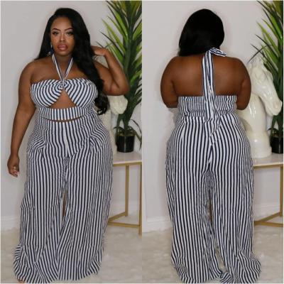 EVE Plus Size Striped Halter Wide Leg Pants 2 Piece Sets NY-10201