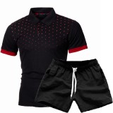 EVE Men's Print Slim Lapel Casual Short Sleeve POLO Two Piece Shorts Set FLZH-ZT123-ZK70