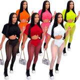 EVE Sexy Solid Color Short Sleeve Top Mesh See-through Pants 2 Piece Sets BY-5700