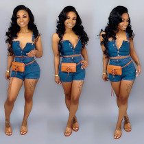 EVE Denim Strap CropTop+Jeans Shorts 2 Piece Sets SH-3536