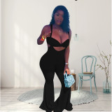 EVE Solid Tube Top+Strap Flared Pants Two Piece Sets WPF-80568