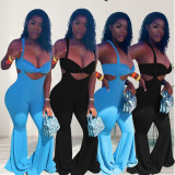 EVE Solid Tube Top+Strap Flared Pants Two Piece Sets WPF-80568