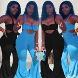 EVE Plus Size Solid Tube Top+Strap Flare Pant 2 Piece Sets WPF-80578