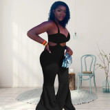 EVE Plus Size Solid Tube Top+Strap Flare Pant 2 Piece Sets WPF-80578