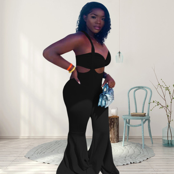 EVE Plus Size Solid Tube Top+Strap Flare Pant 2 Piece Sets WPF-80578
