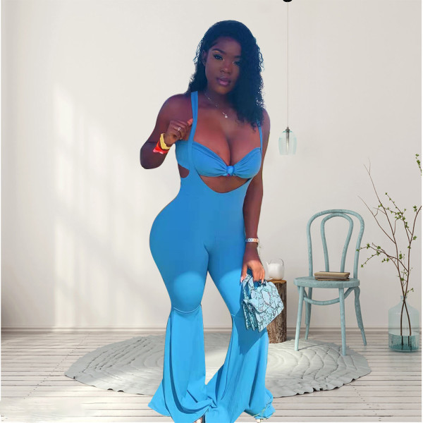 EVE Solid Tube Top+Strap Flared Pants Two Piece Sets WPF-80568