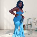 EVE Plus Size Solid Tube Top+Strap Flare Pant 2 Piece Sets WPF-80578