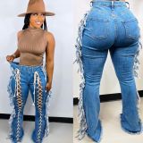 EVE Denim Tassel Lace-Up Straight Jeans Pants LA-3305