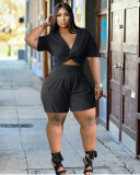 EVE Plus Size Solid Knotted Crop Top And Shorts Sets XYMF-88105