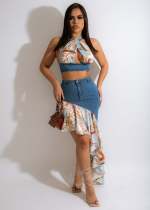 EVE Denim Patchwork Halter Ruffled Skirt 2 Piece Sets MEM-88430