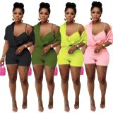 EVE Casual Sling Crop Top Shirt Shorts Solid Color 3 Piece Sets MTY-6621