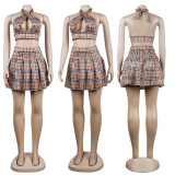 EVE Sexy Plaid Vest Top Pleated Mini Skirt 2 Piece Sets NY-10192