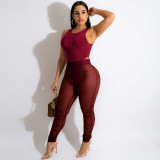 EVE Sexy Sleeveless Bodysuit+Mesh Ruched Pants 2 Piece Sets MZ-2715