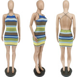 EVE Colorful Striped Backless Cross Strap Mini Dress WMEF-20794