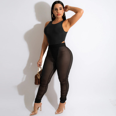 EVE Sexy Sleeveless Bodysuit+Mesh Ruched Pants 2 Piece Sets MZ-2715