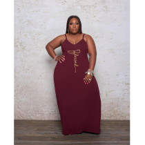 EVE Plus Size Letter Print Spaghetti Strap Maxi Dress GDYF-69482